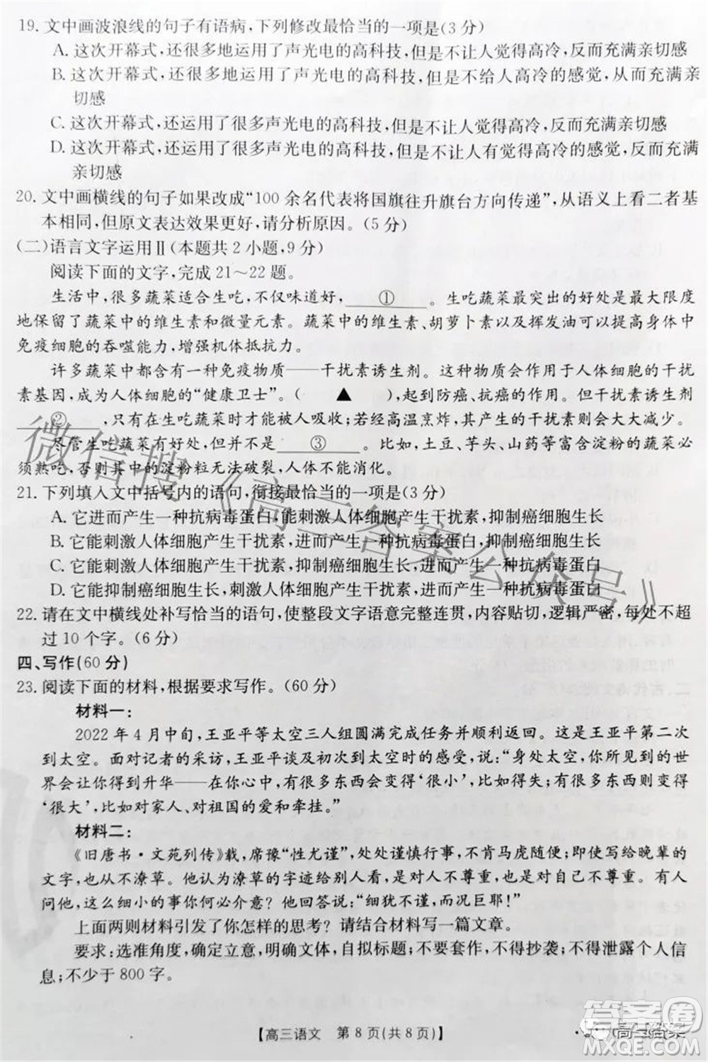 湛江市2022年普通高考测试二语文试题及答案