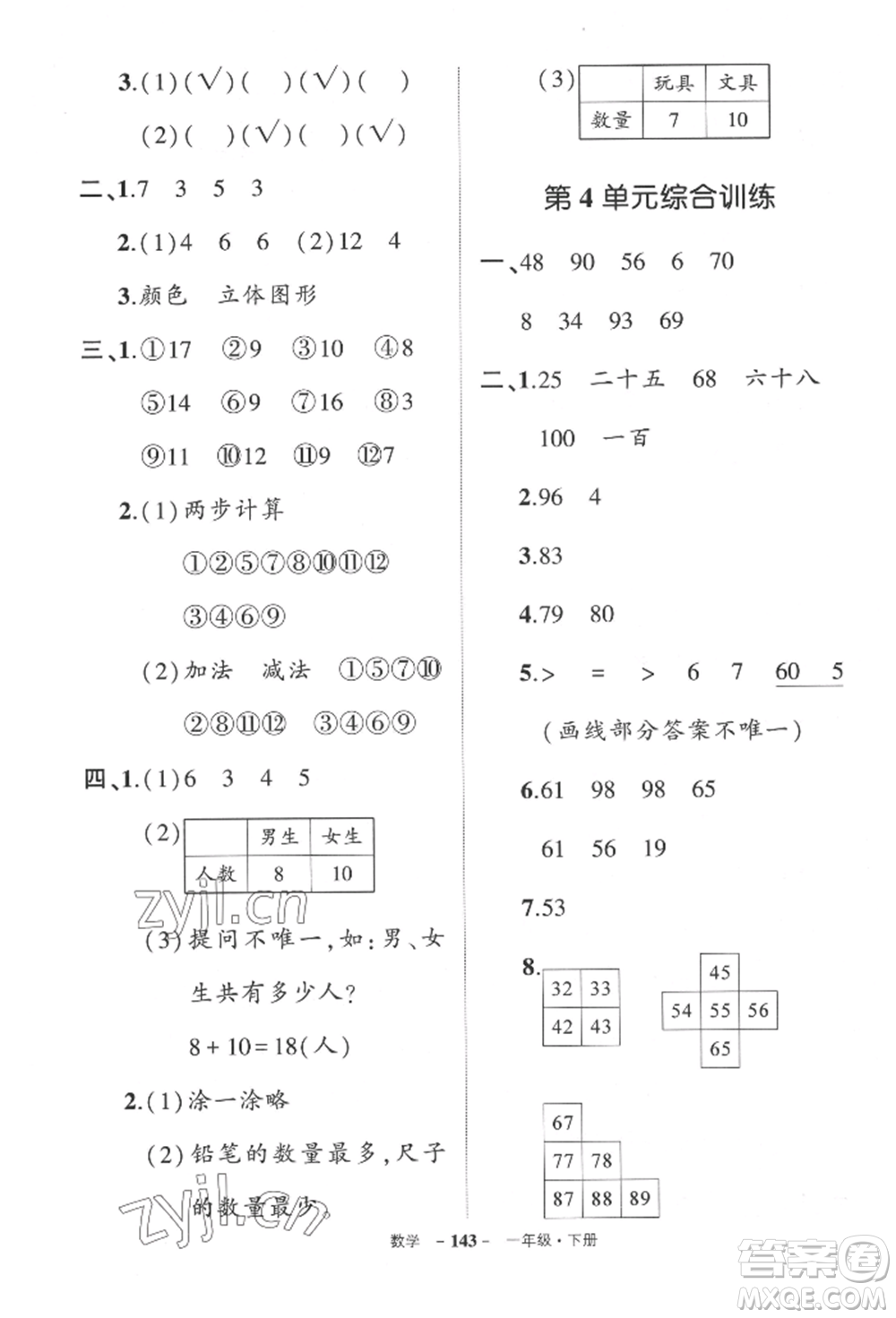 武汉出版社2022状元成才路创优作业100分一年级下册数学人教版贵州专版参考答案