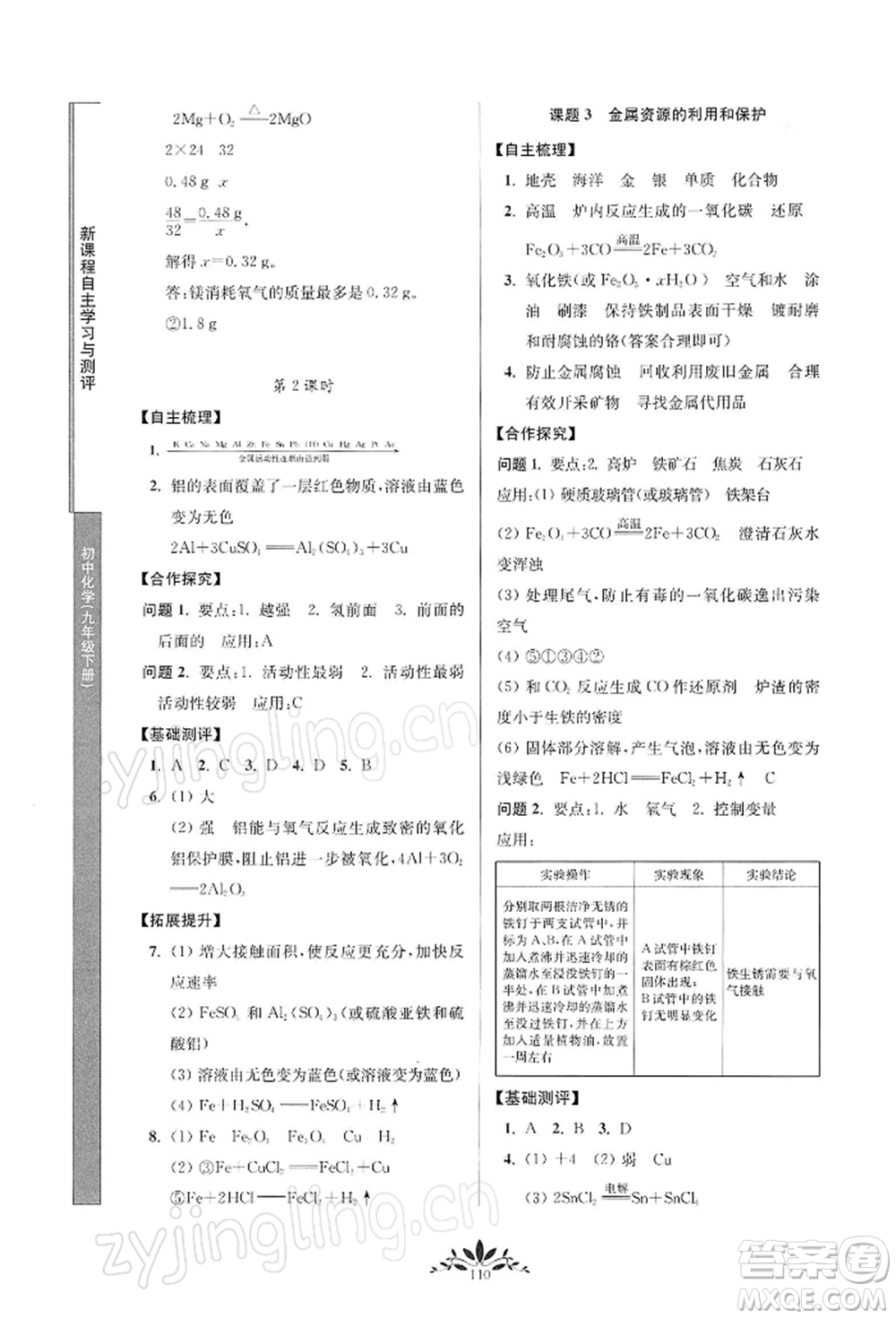 南京师范大学出版社2022新课程自主学习与测评九年级下册化学人教版参考答案插图(2)