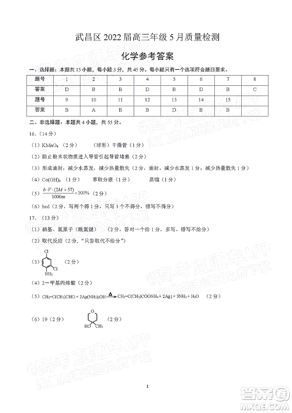 武昌区2022届高三年级5月质量检测化学试题及答案