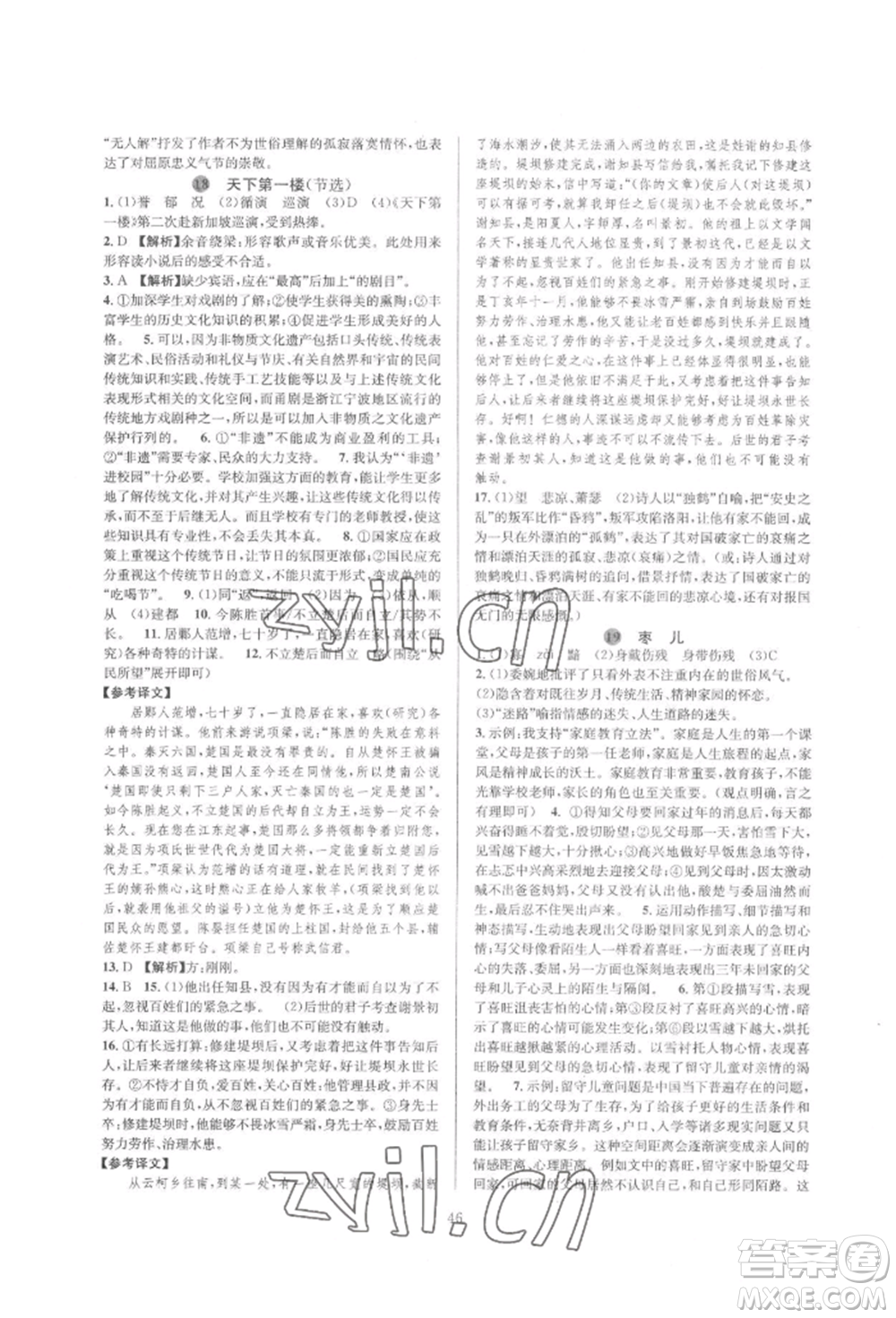 浙江教育出版社2022全优新同步九年级语文人教版参考答案插图(46)