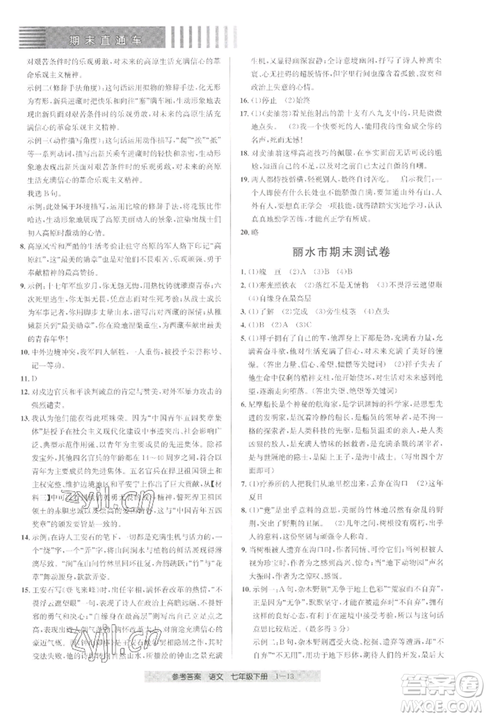 宁波出版社2022期末直通车七年级下册语文人教版参考答案
