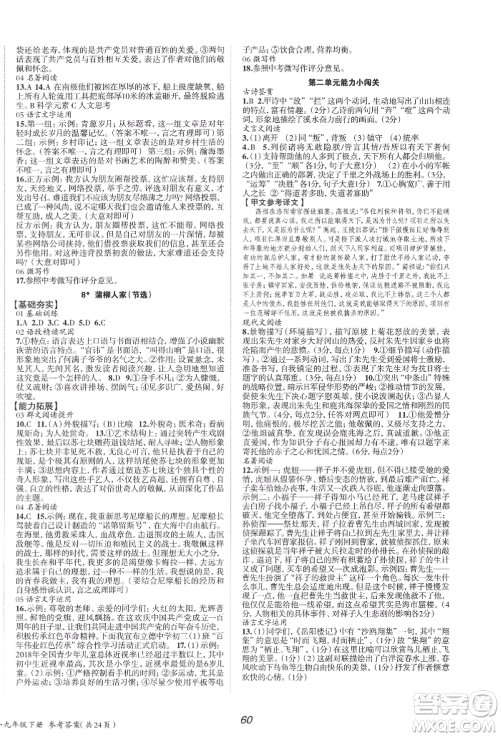 北京时代华文书局2022全效学习学业评价方案九年级下册语文人教版参考答案