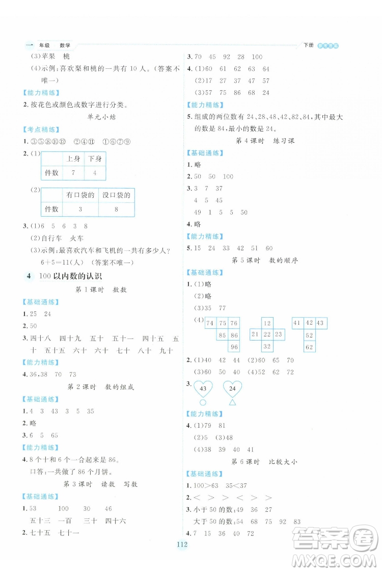 延边人民出版社2022优秀生作业本数学一年级下册人教版参考答案