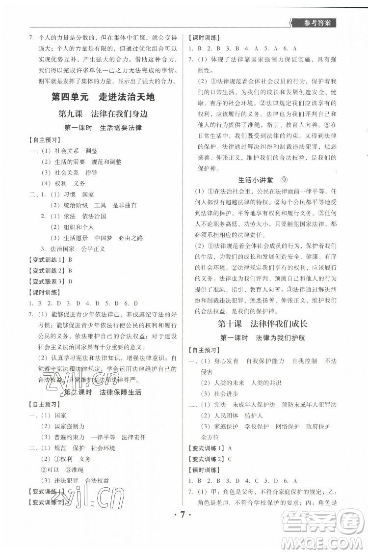 广东人民出版社2022同步精练道德与法治七年级下册人教版东莞专版答案