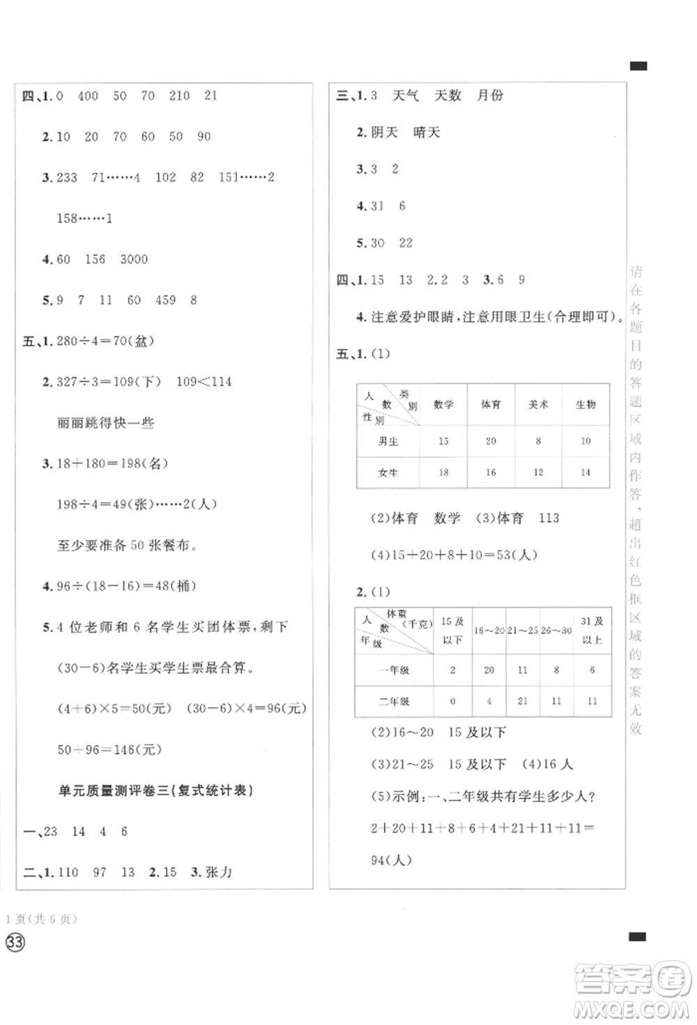 四川辞书出版社2022学科素养质量测评卷三年级下册数学人教版参考答案