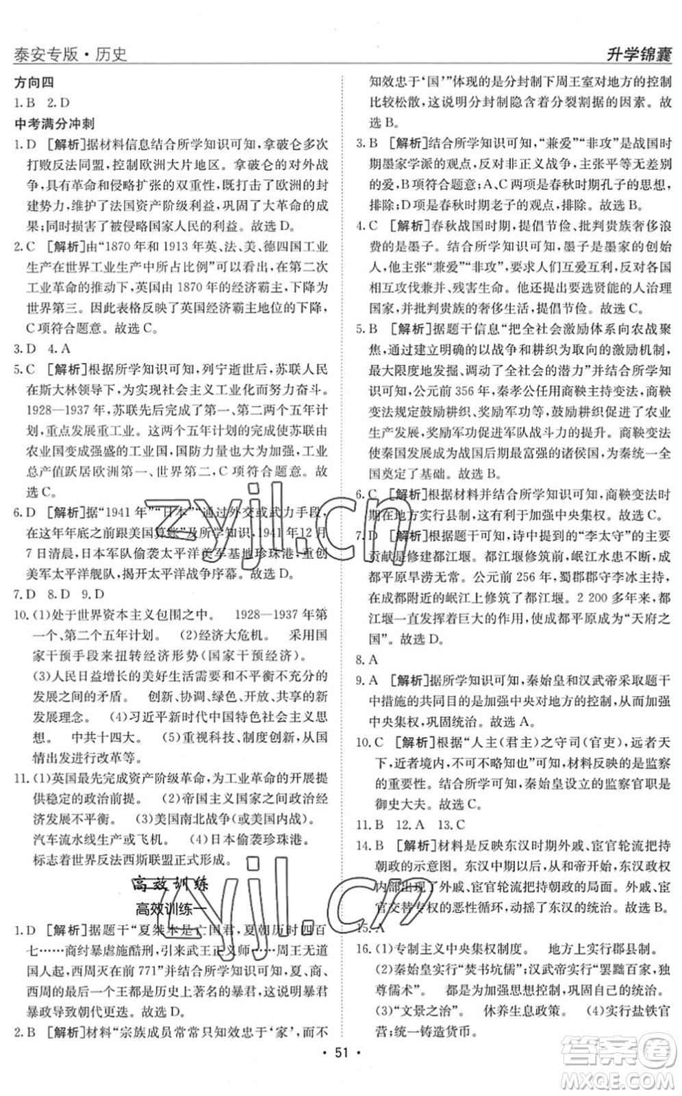 新疆青少年出版社2022升学锦囊九年级历史泰安专版答案