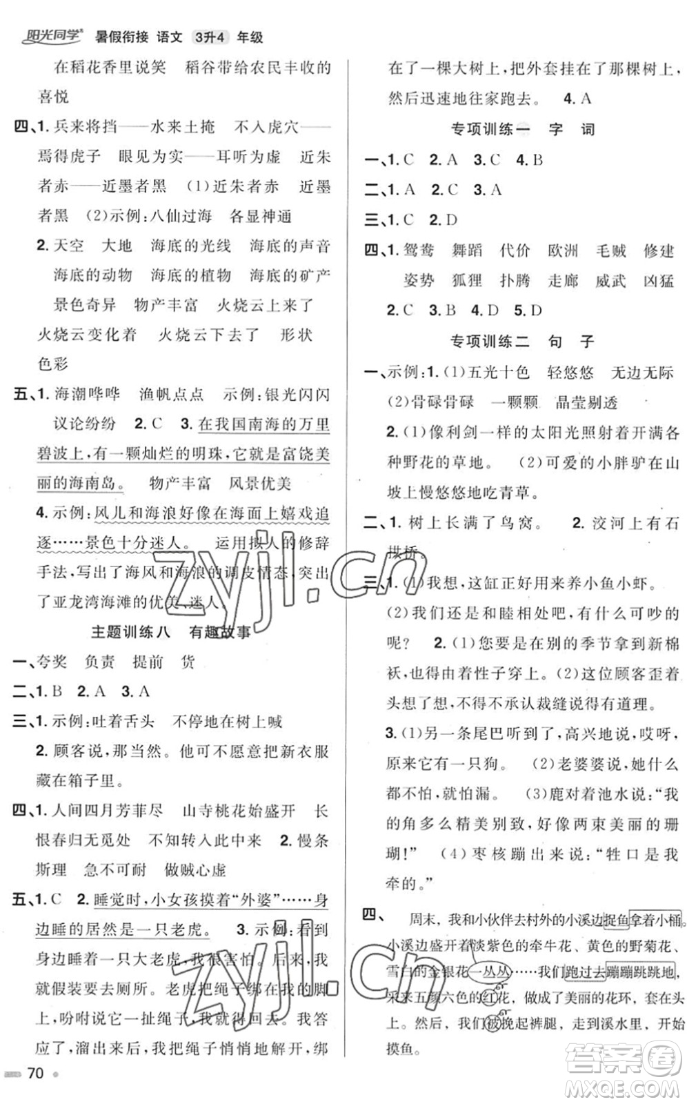 江西教育出版社2022阳光同学暑假衔接三升四年级语文RJ人教版答案