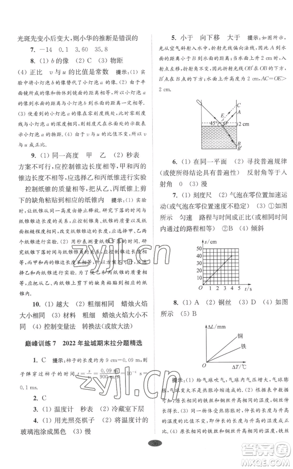 江苏凤凰科学技术出版社2022小题狂做八年级上册物理苏科版巅峰版参考答案