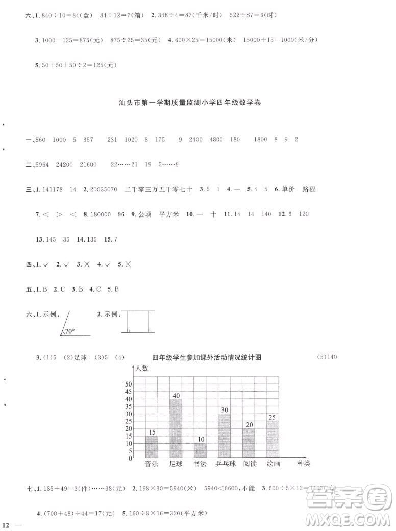 江西教育出版社2022阳光同学一线名师全优好卷数学四年级上册人教版答案