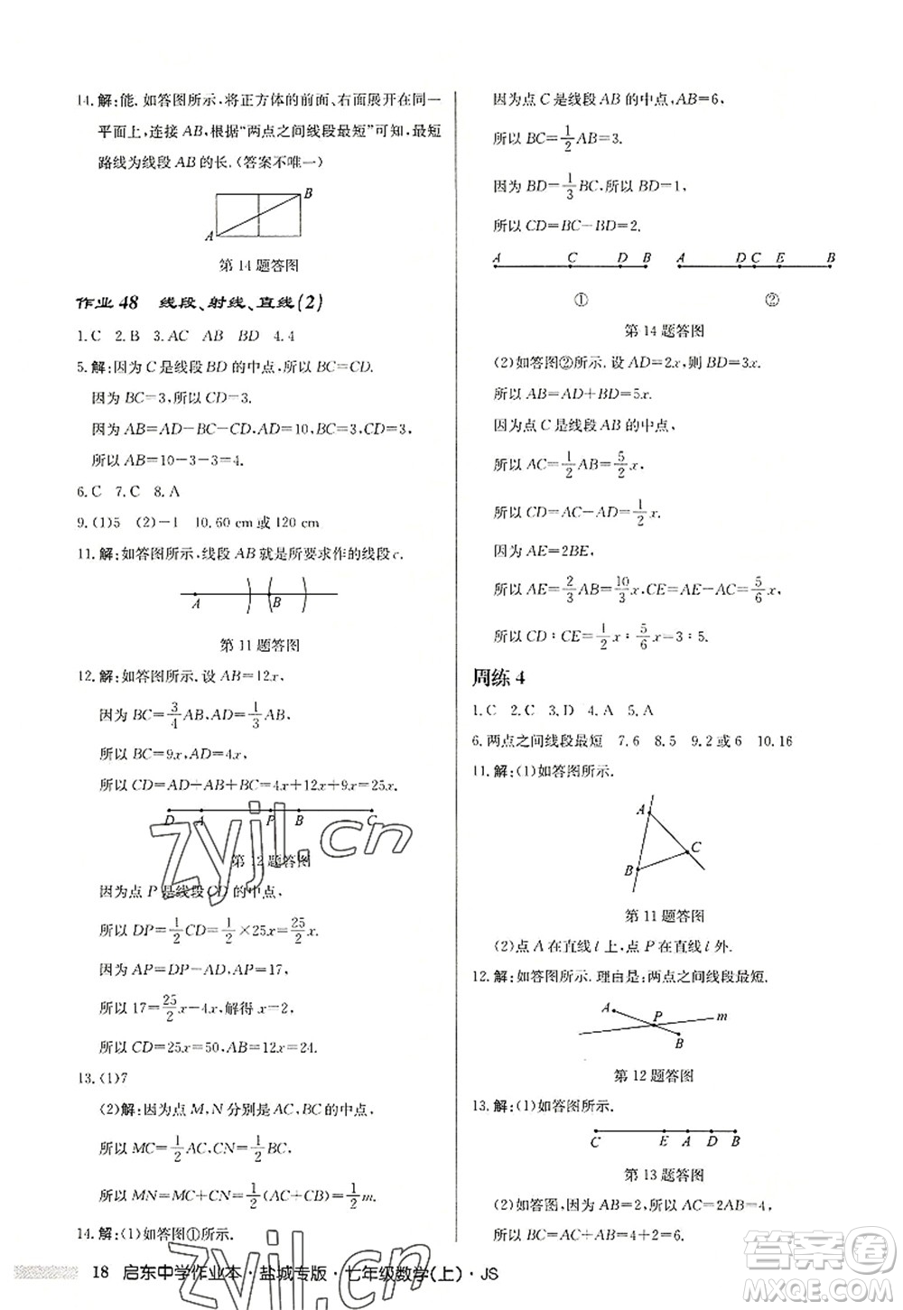 龙门书局2022启东中学作业本七年级数学上册JS江苏版盐城专版答案