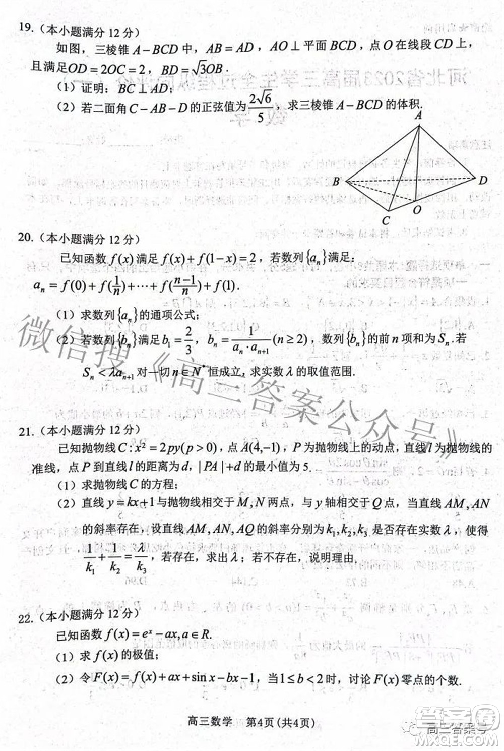 河北省2023届高三学生全过程纵向评价一数学试题及答案