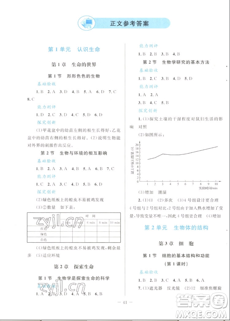 北京师范大学出版社2022秋课堂精练生物七年级上册北师大版单色版答案