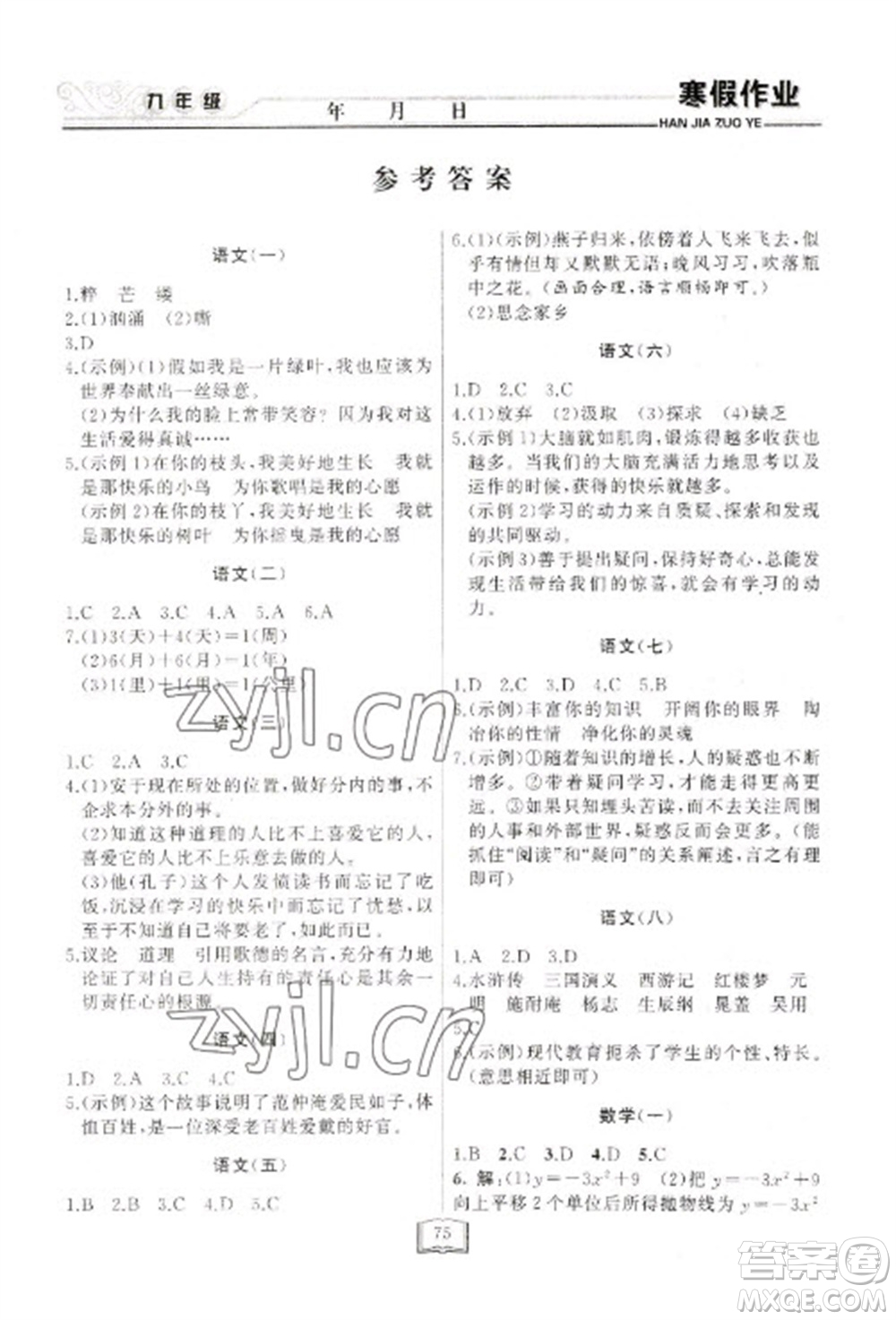 延边人民出版社2023寒假作业快乐假期九年级全册通用版参考答案