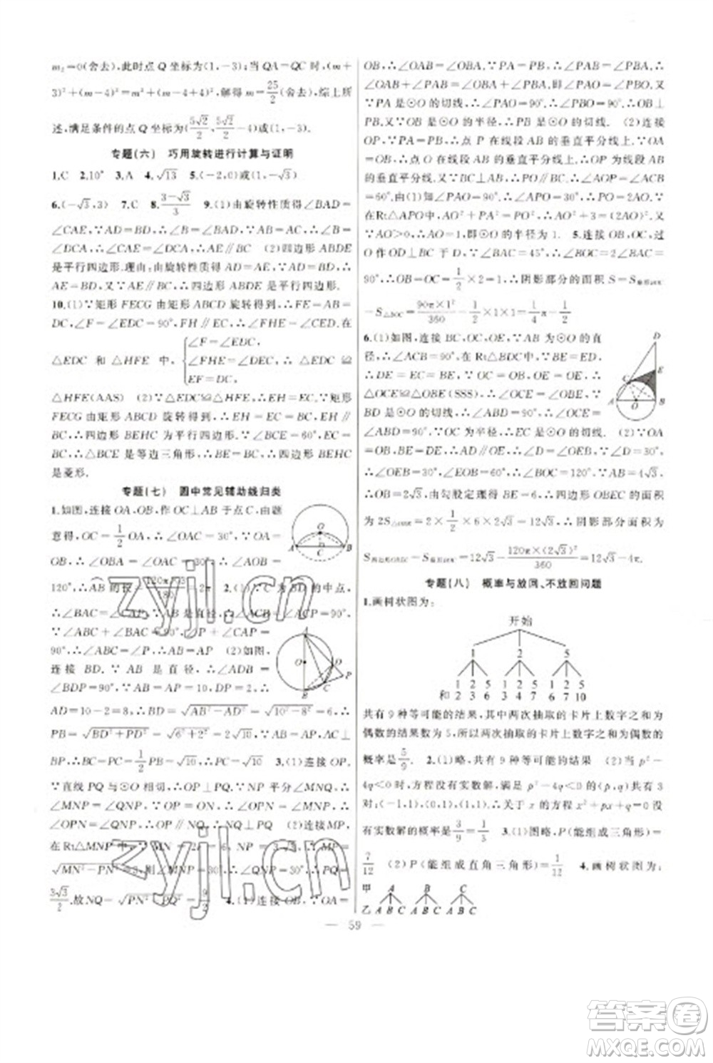 新疆青少年出版社2023寒假作业九年级数学人教版参考答案