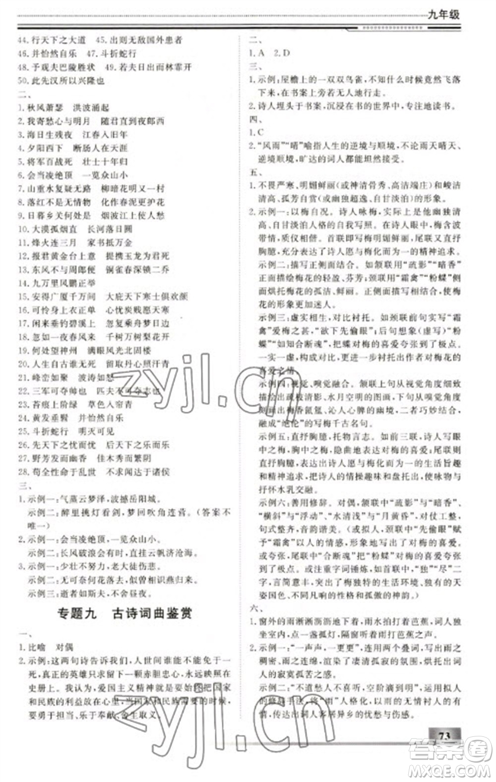 北京工业大学出版社2023文轩假期生活指导九年级语文通用版参考答案
