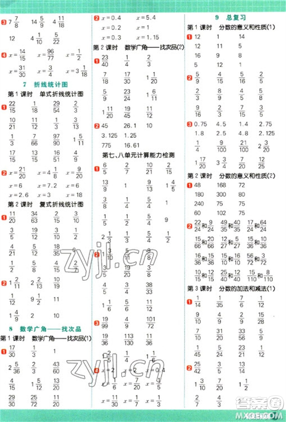 江西教育出版社2023阳光同学计算小达人五年级下册数学人教版参考答案