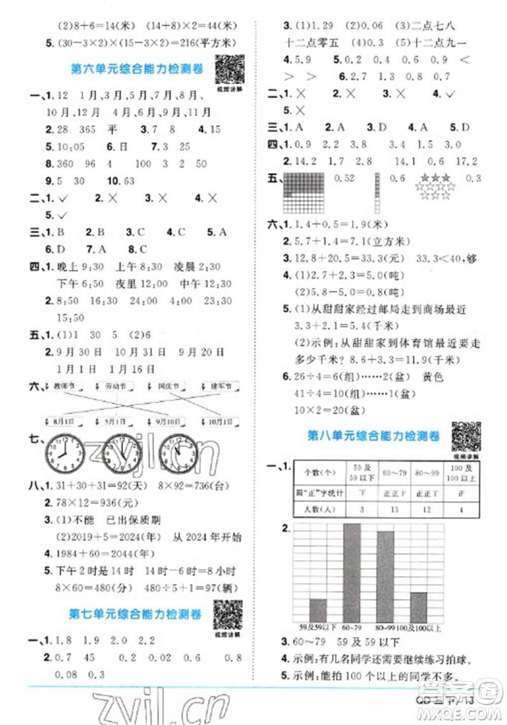 江西教育出版社2023阳光同学课时优化作业三年级数学下册青岛版参考答案