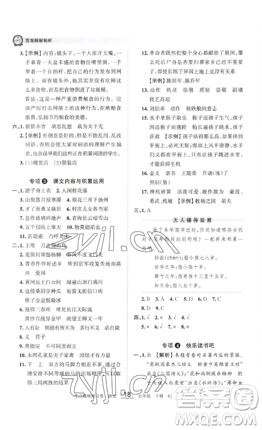 江西人民出版社2023王朝霞考点梳理时习卷五年级下册语文人教版答案