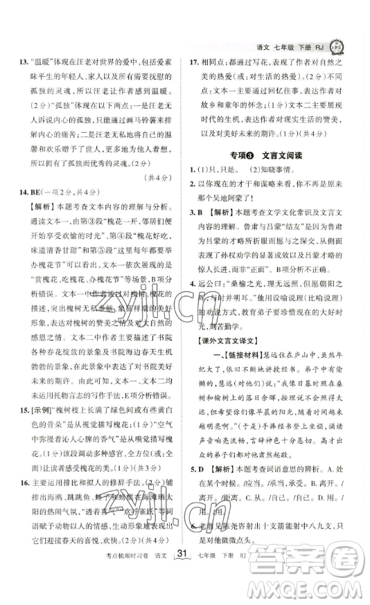 江西人民出版社2023王朝霞考点梳理时习卷七年级下册语文人教版答案