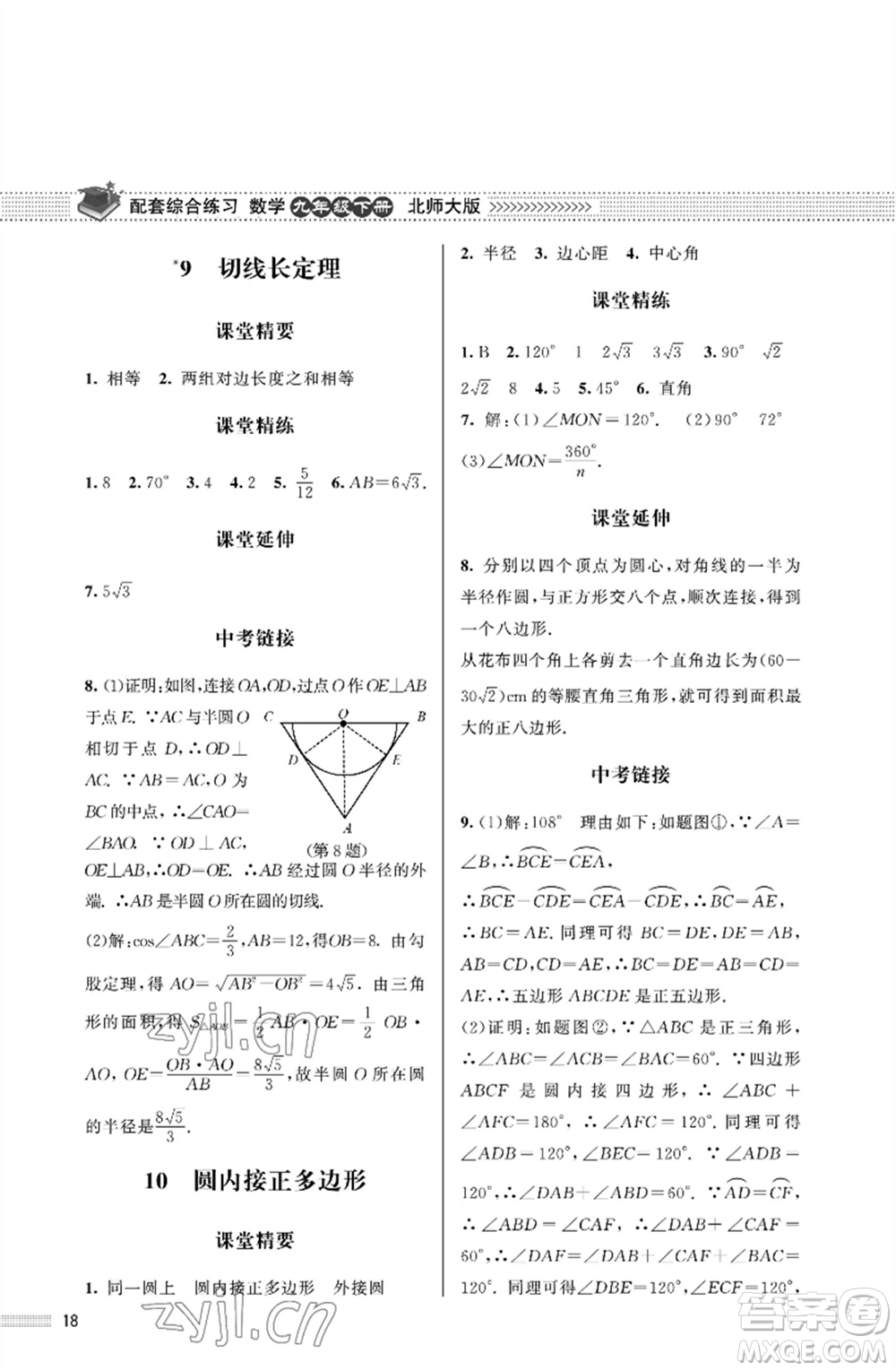 北京师范大学出版社2023数学配套综合练习九年级下册北师大版参考答案