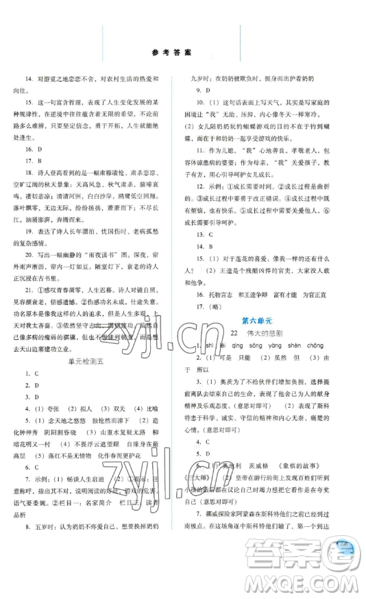 河北人民出版社2023同步训练七年级语文下册人教版参考答案