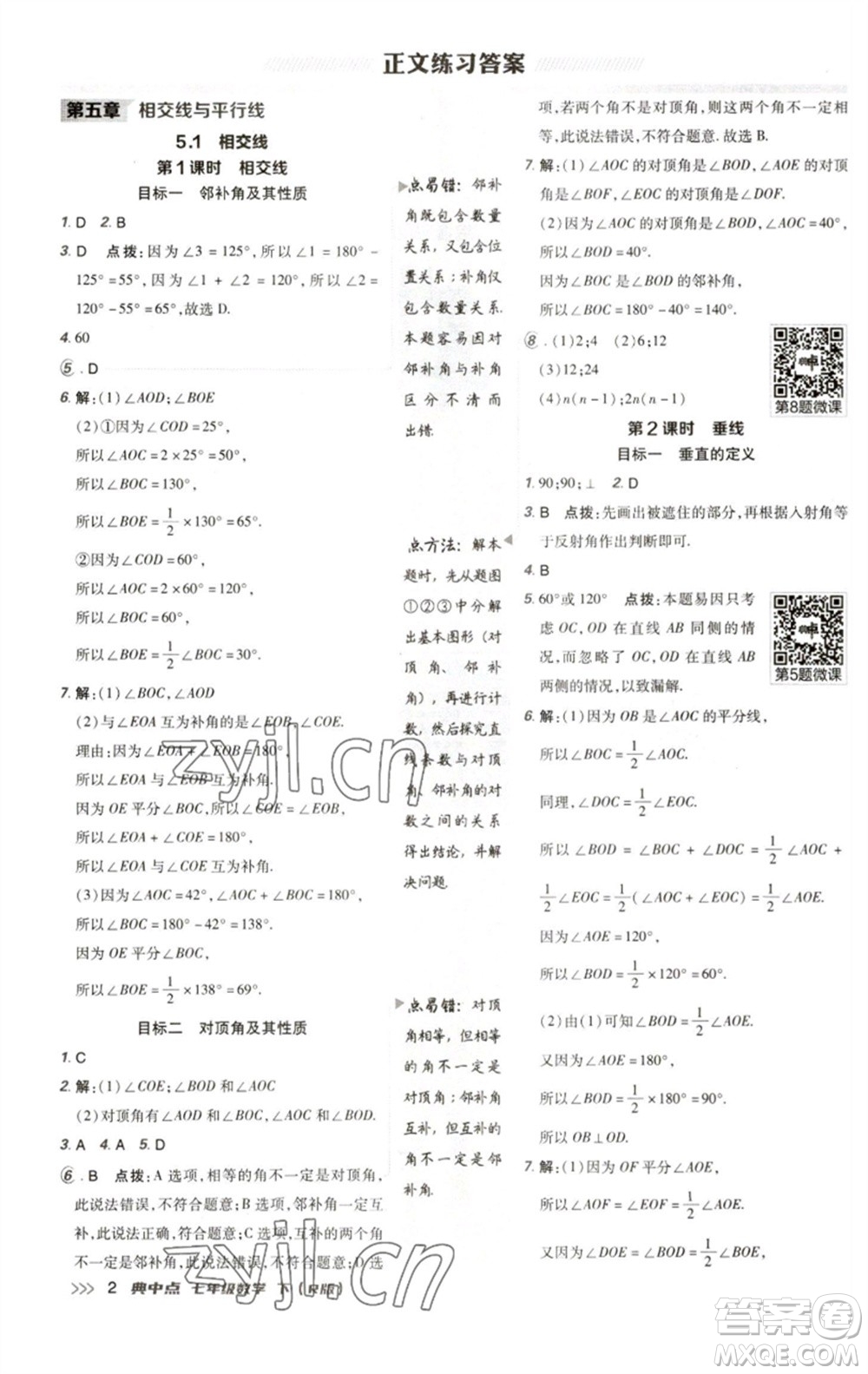 陕西人民教育出版社2023综合应用创新题典中点七年级数学下册人教版参考答案