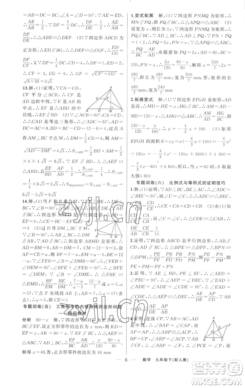 新疆青少年出版社2023四清导航九年级下册数学人教版参考答案