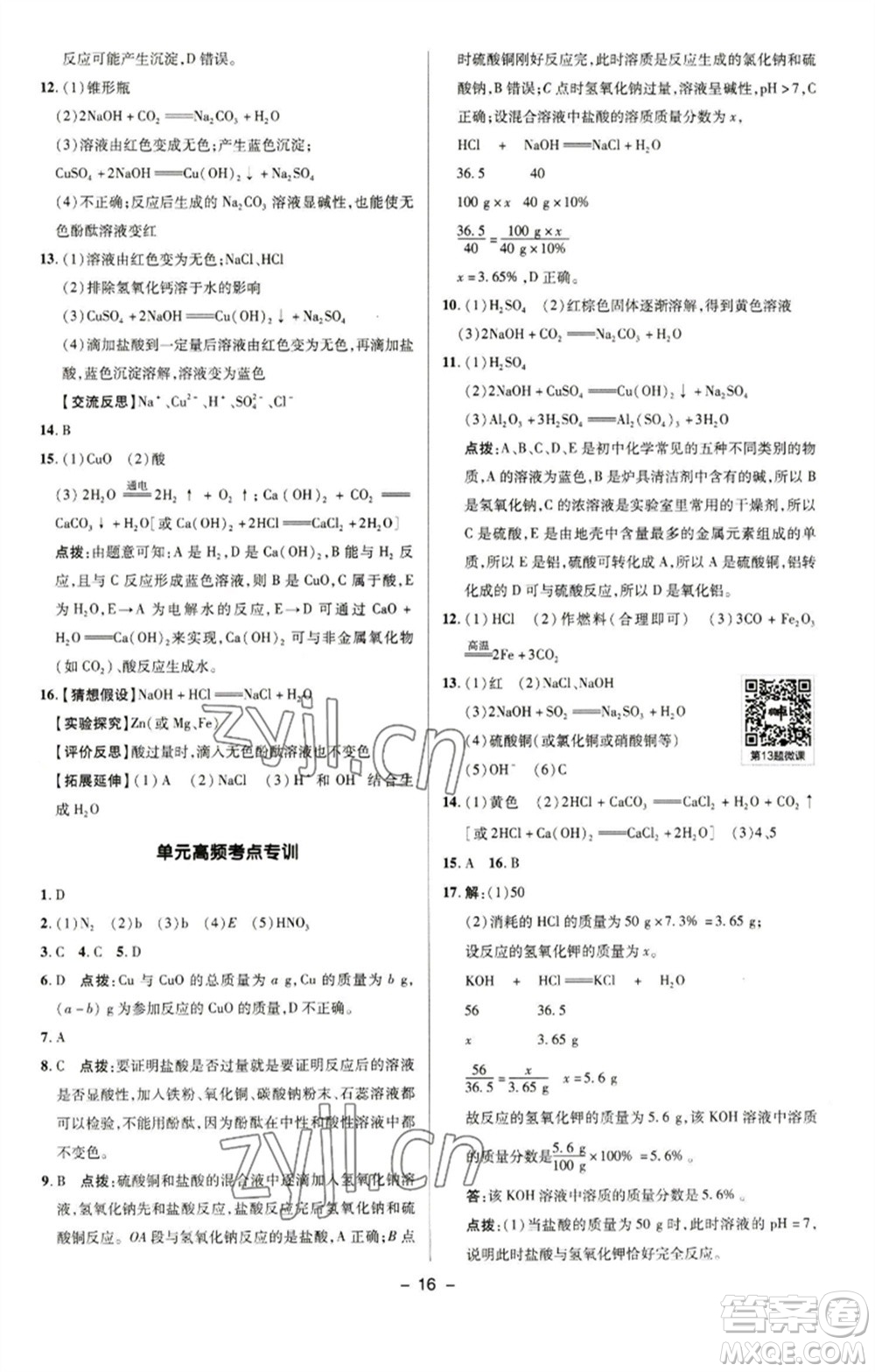 陕西人民教育出版社2023综合应用创新题典中点九年级化学下册人教版参考答案