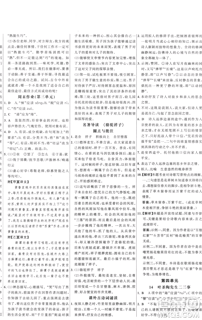 延边大学出版社2023世纪金榜百练百胜七年级下册语文人教版参考答案
