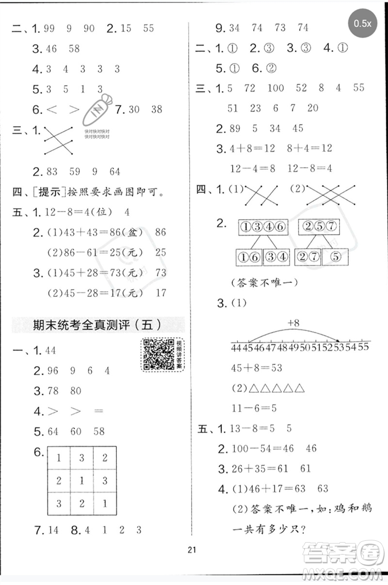 江苏人民出版社2023春实验班提优大考卷一年级数学下册北师大版参考答案