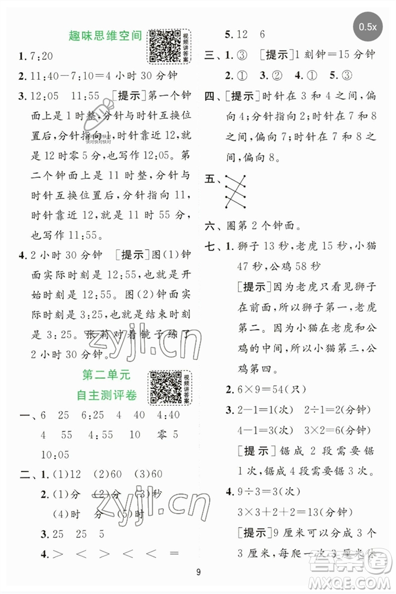江苏人民出版社2023实验班提优训练二年级数学下册苏教版参考答案