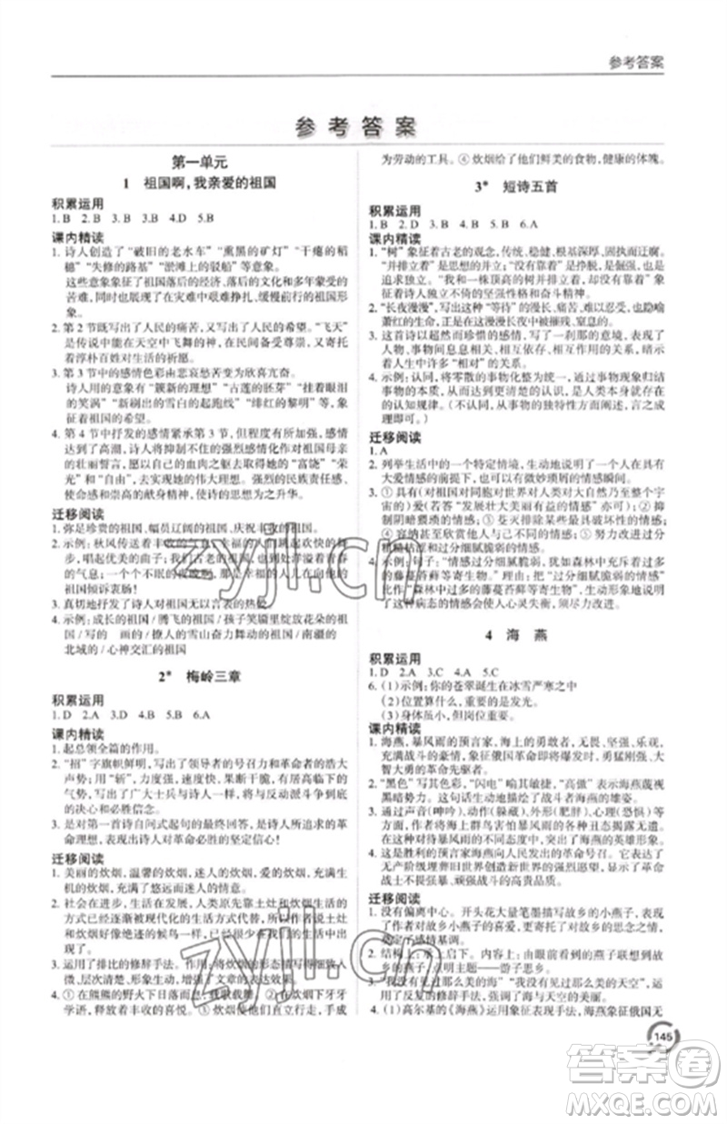 青岛出版社2023初中同步练习册九年级语文下册人教版六三制参考答案