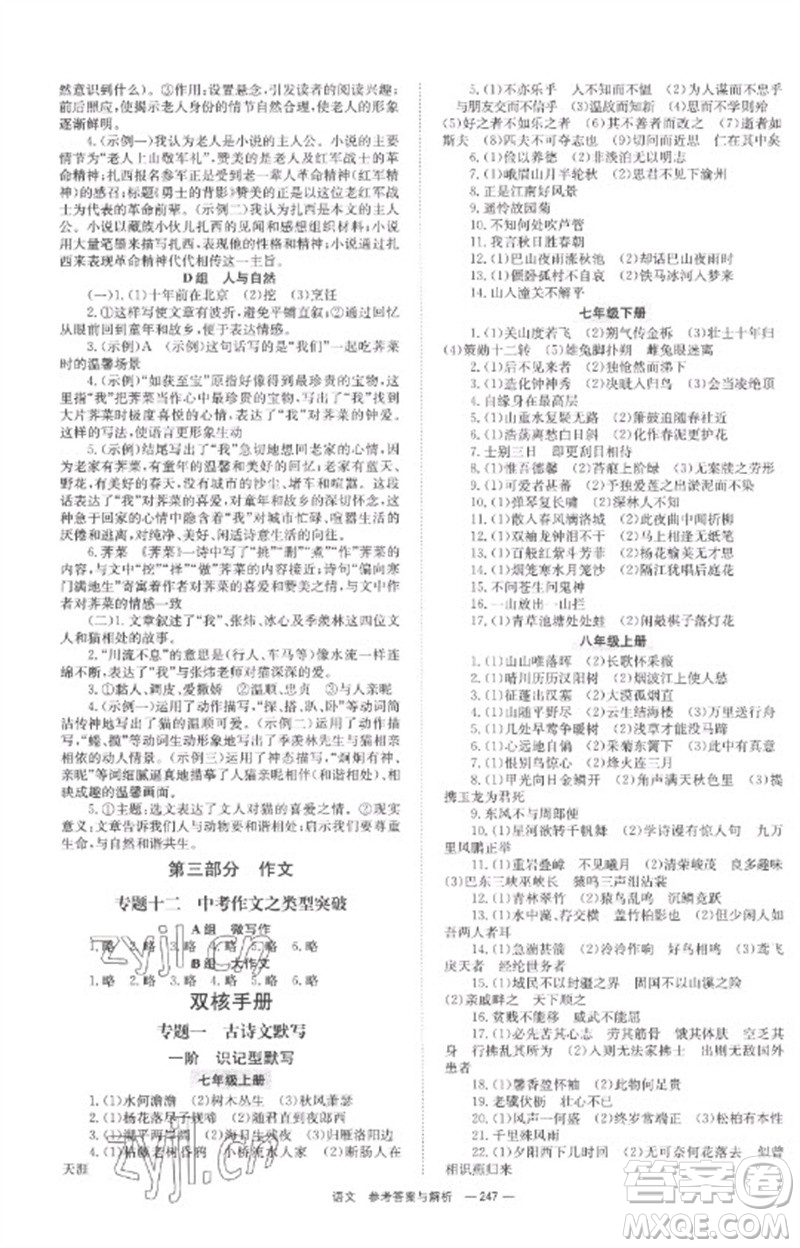 湖南师范大学出版社2023全程夺冠中考突破九年级语文通用版参考答案