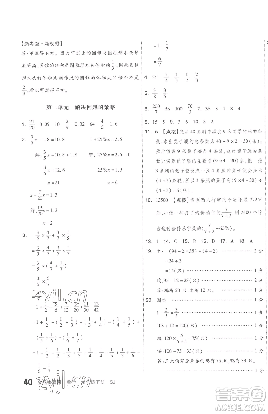天津人民出版社2023全品小复习六年级下册数学苏教版参考答案
