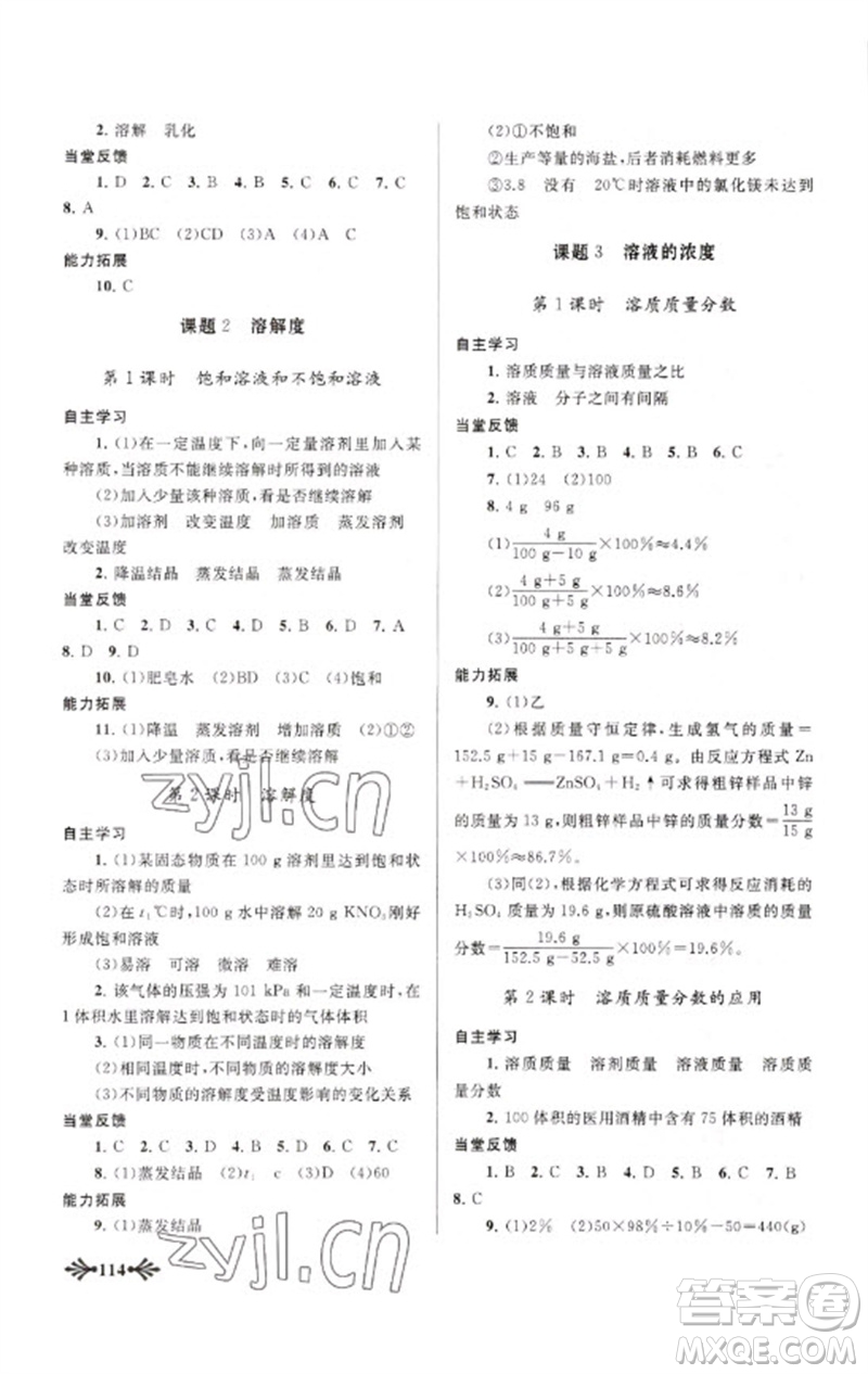 黄山书社2023自主学习当堂反馈九年级化学下册人教版参考答案