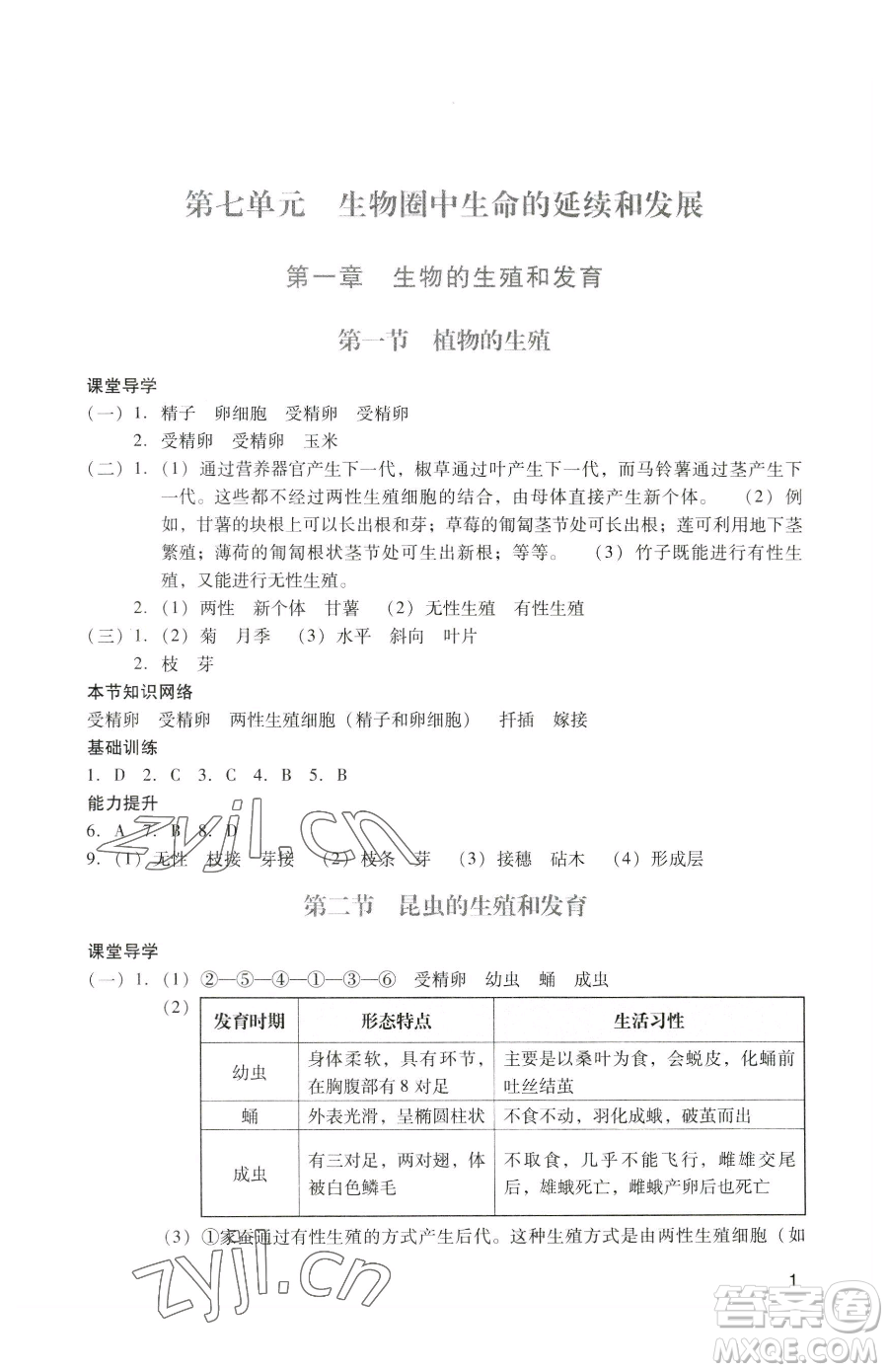 广州出版社2023阳光学业评价八年级下册生物人教版参考答案