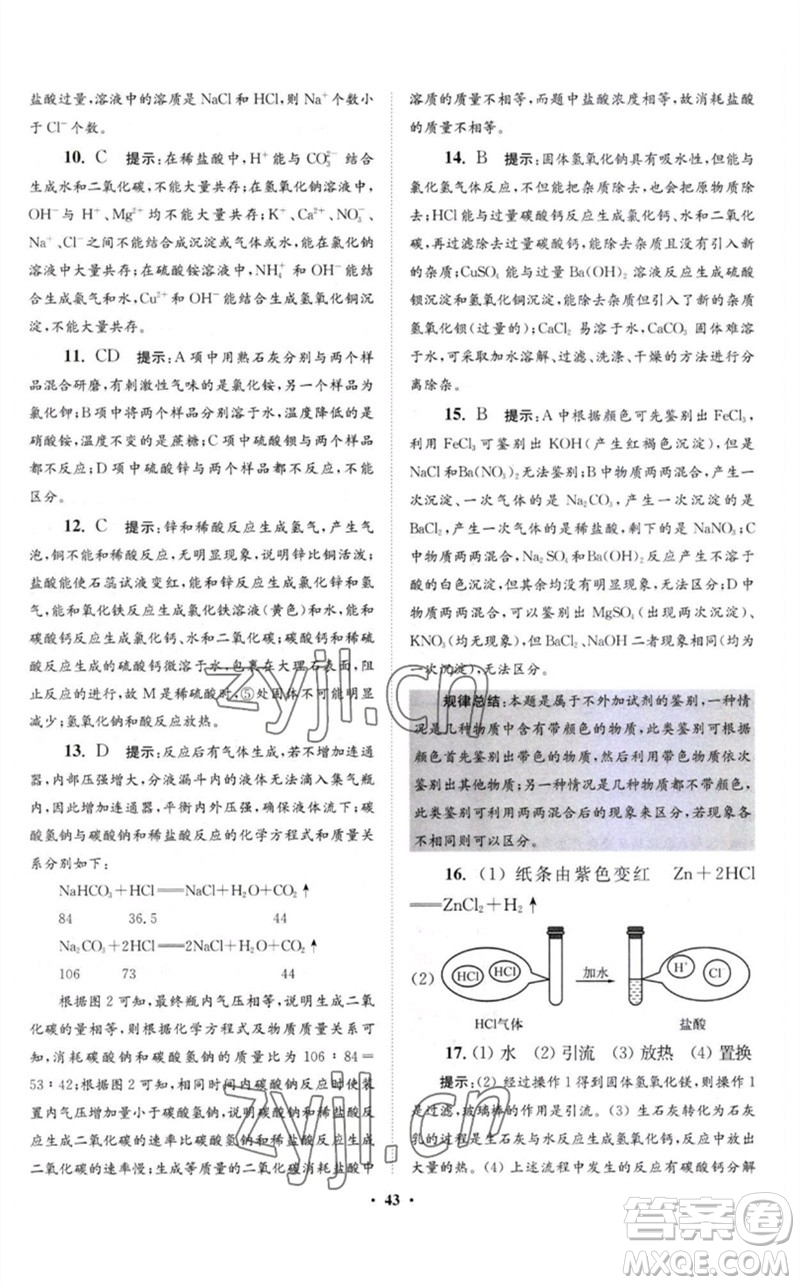 江苏凤凰科学技术出版社2023初中化学小题狂做九年级下册沪教版提优版参考答案