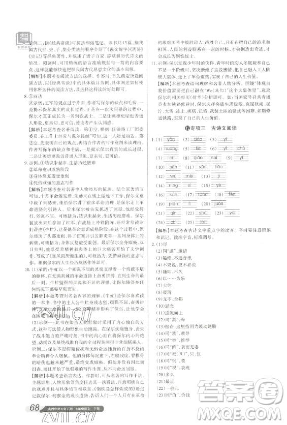 北京教育出版社2023山西名师原创试卷八年级下册语文人教版参考答案