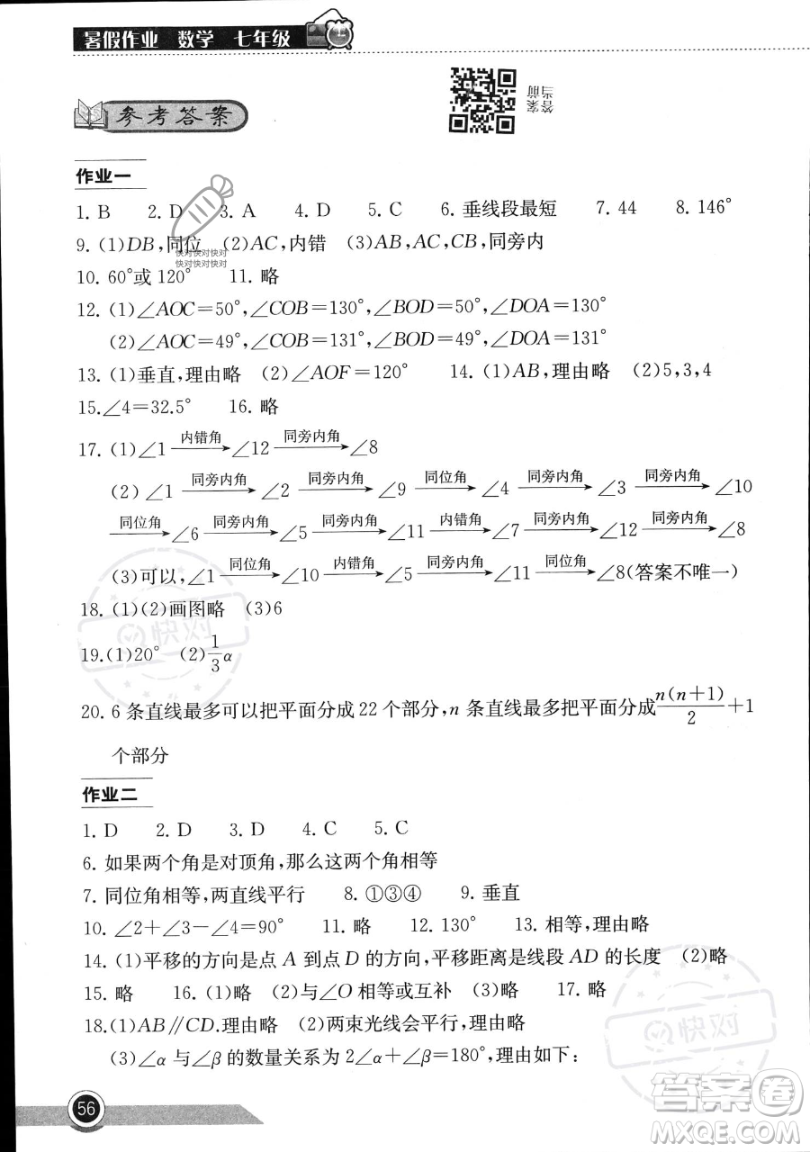 湖北教育出版社2023长江作业本暑假作业七年级数学通用版参考答案
