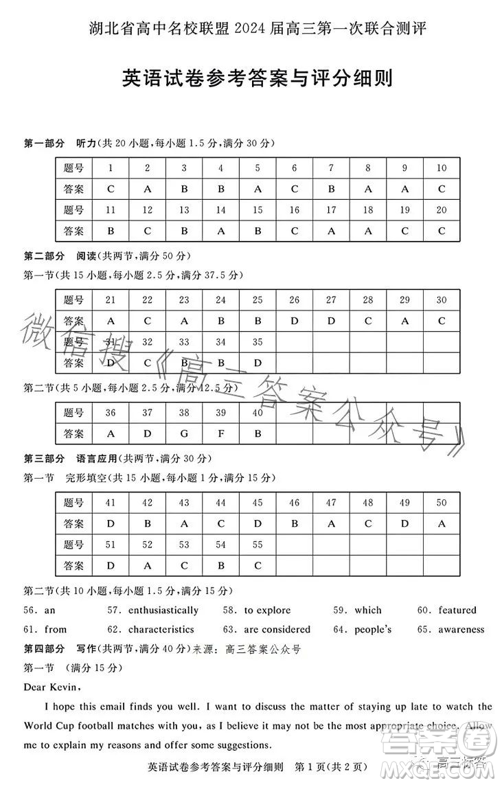 湖北省高中名校联盟2024届高三第一次联合测评英语试卷答案