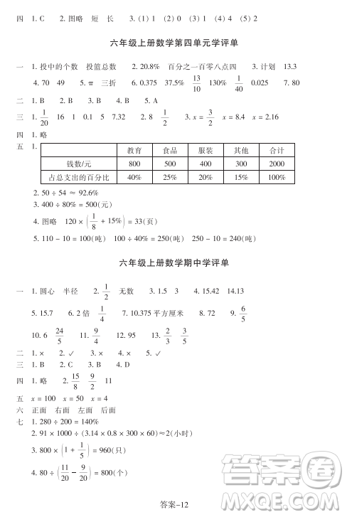 浙江少年儿童出版社2023年秋学评手册六年级上册数学B版答案