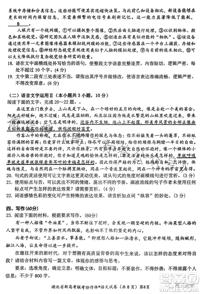 2023年湖北省高三9月起点考试语文试卷答案