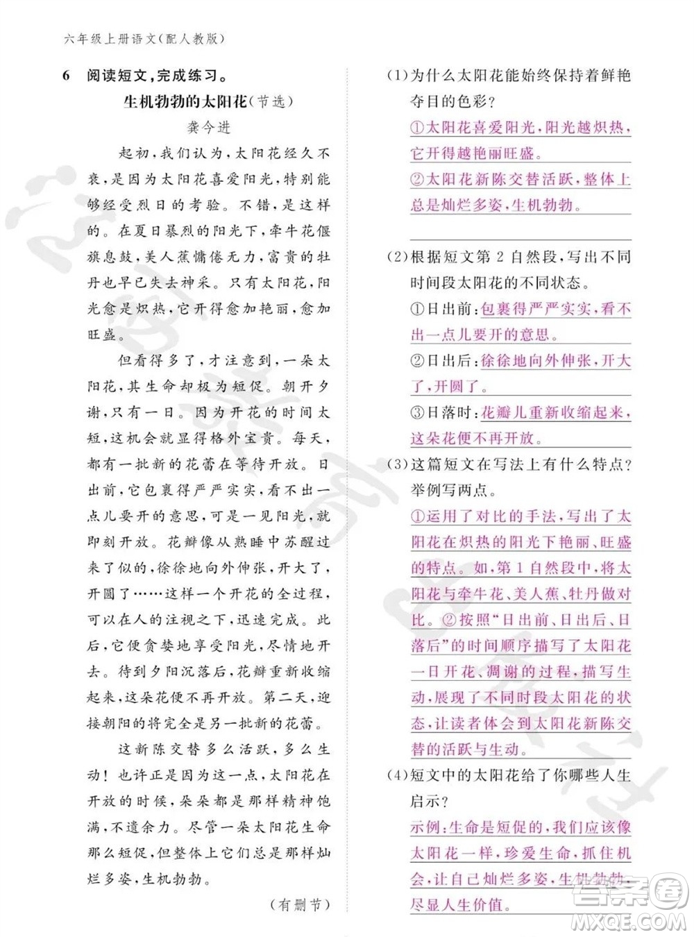 江西教育出版社2023年秋语文作业本六年级上册人教版参考答案