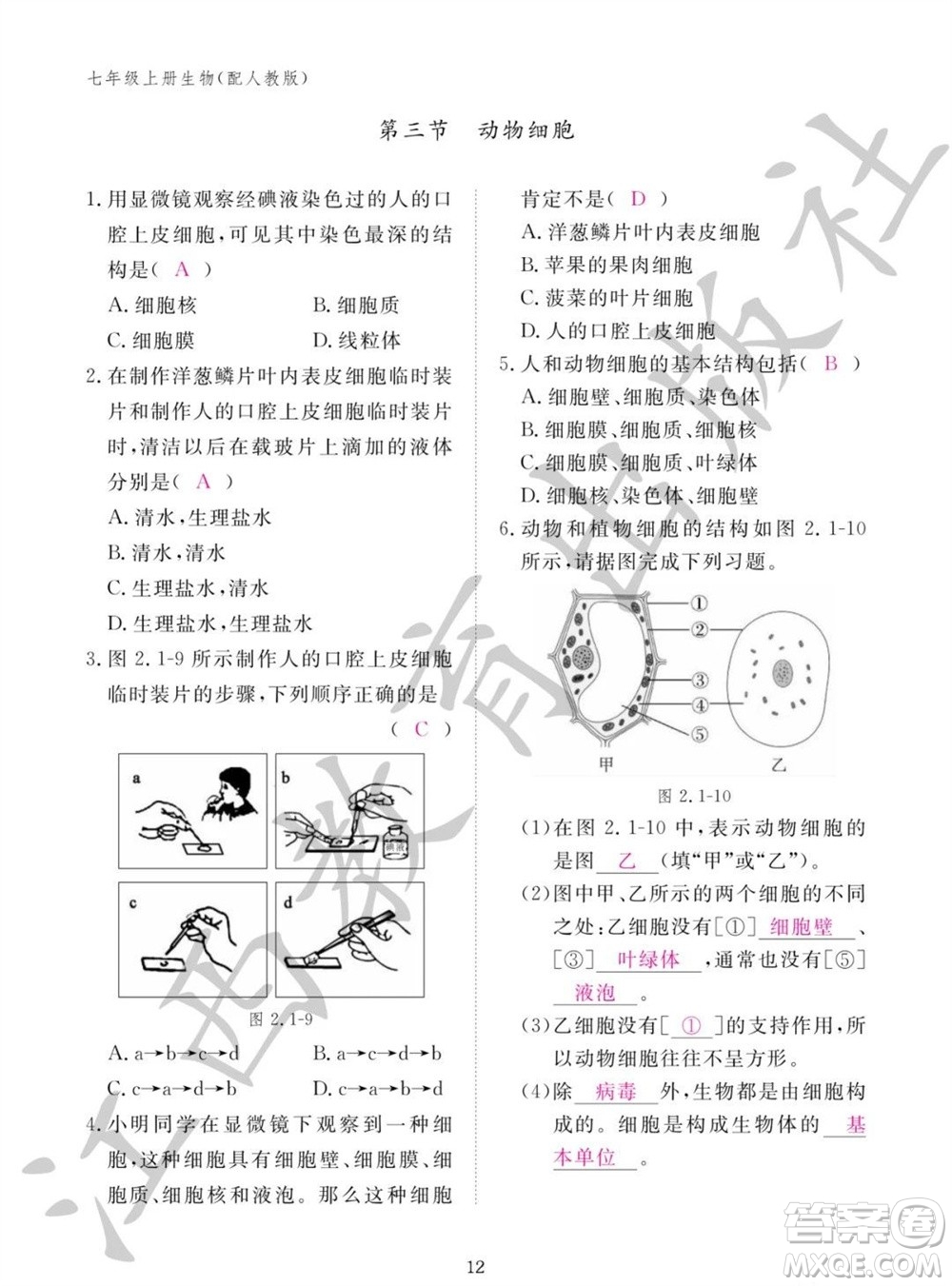 江西教育出版社2023年秋生物作业本七年级上册人教版参考答案