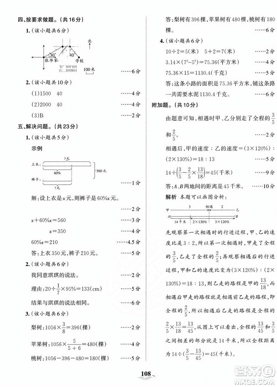 江西人民出版社2023年秋王朝霞培优100分六年级数学上册人教版答案