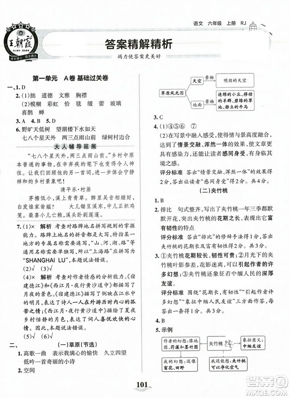 江西人民出版社2023年秋王朝霞培优100分六年级语文上册人教版答案