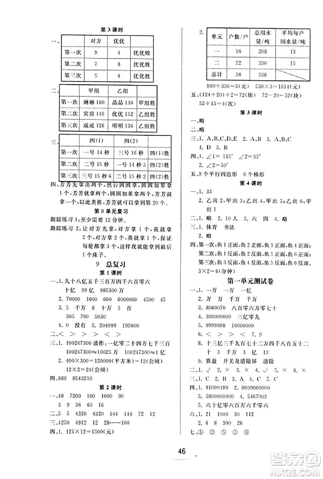 安徽人民出版社2023年秋黄冈随堂练四年级数学上册人教版答案