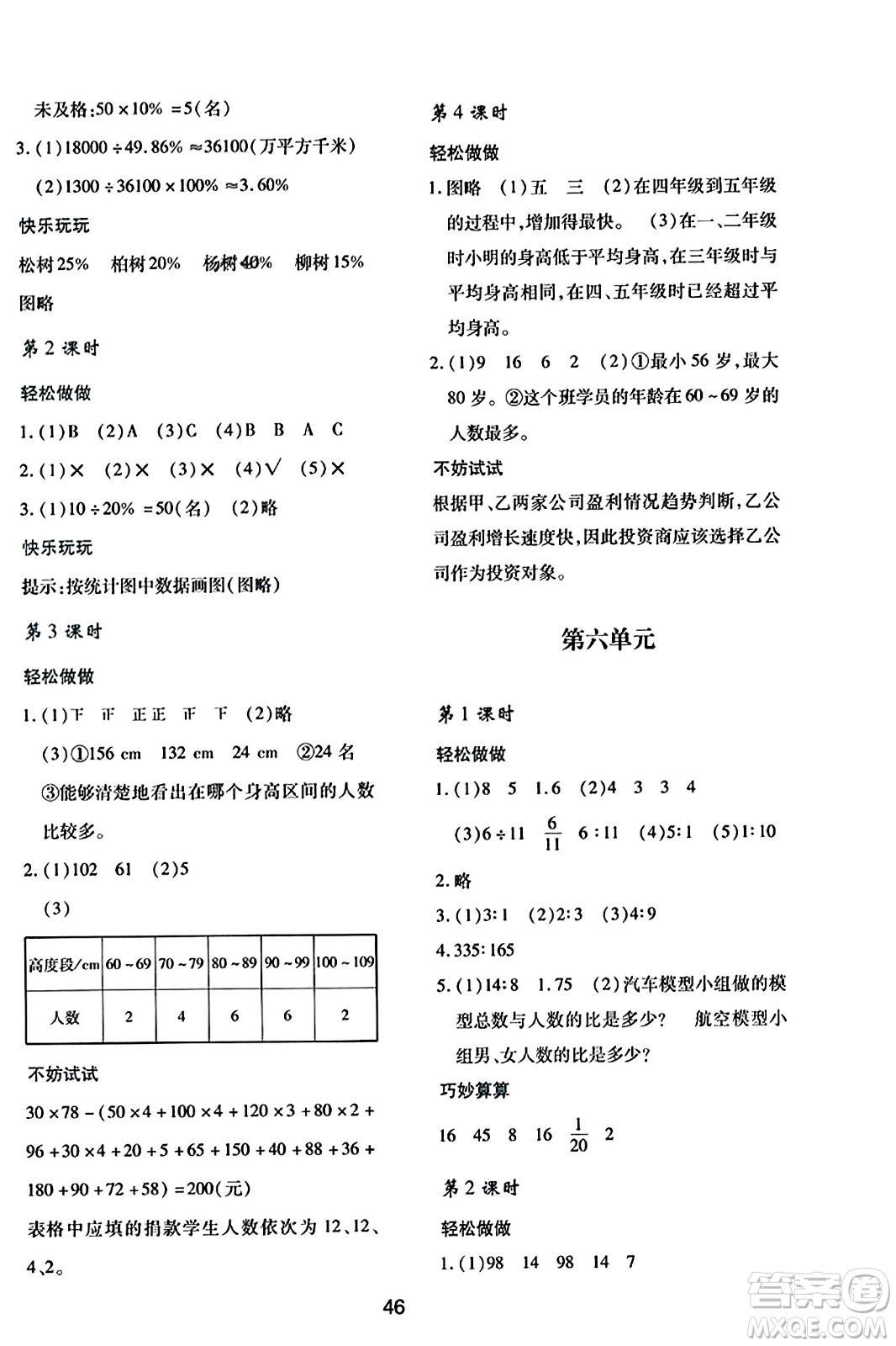 陕西人民教育出版社2023年秋学习与评价六年级数学上册北师大版答案