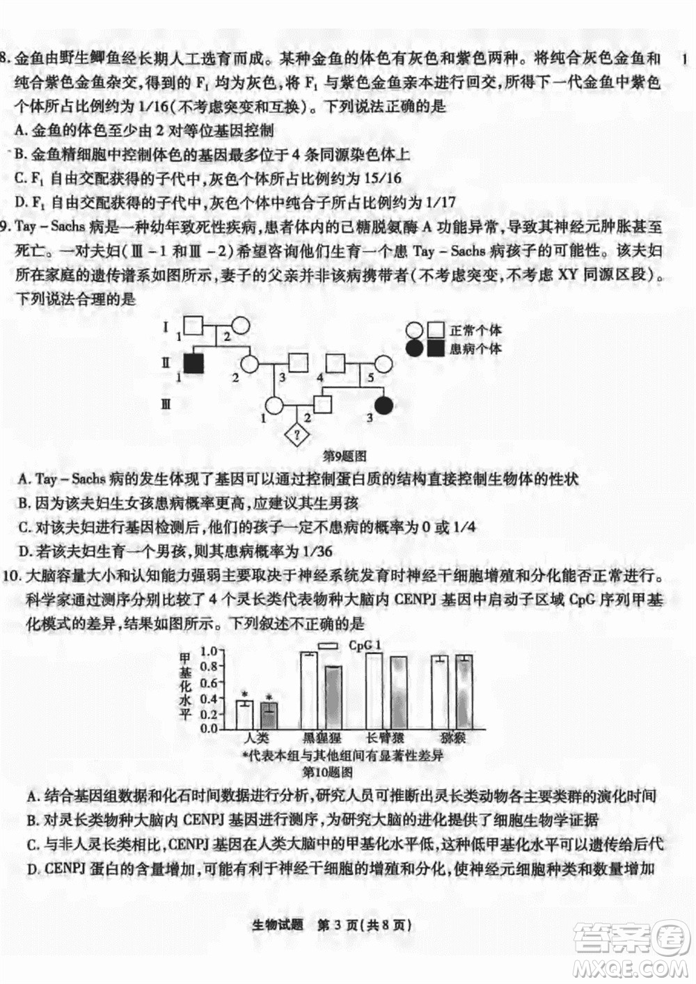 重庆市高2024届高三上学期第五次质量检测生物试题参考答案